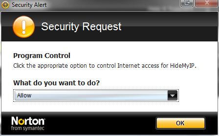Norton Internet Security, adding HideMyIP.exe